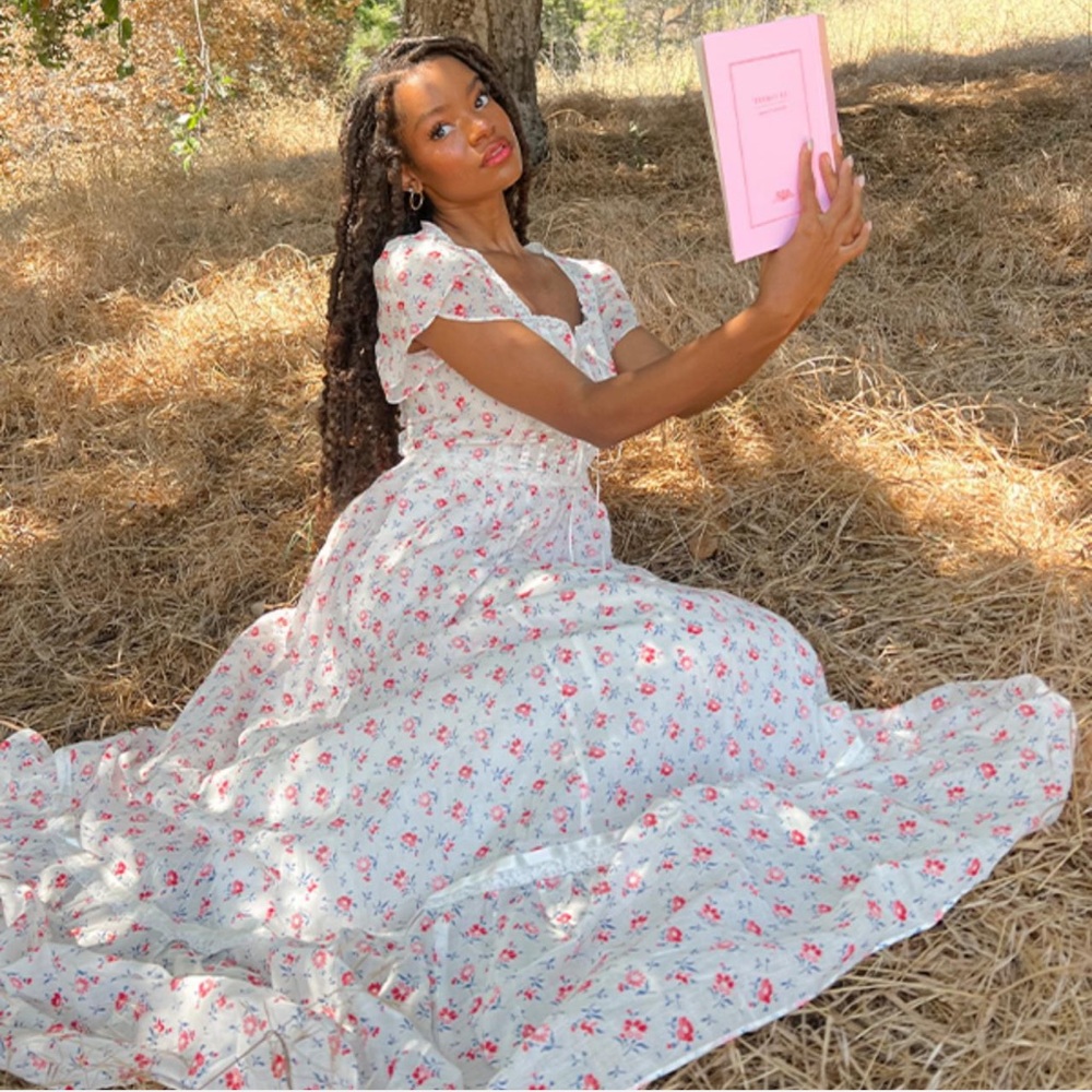 Gunne Sax for ModCloth Floral White and Pink Maxi Dress.
